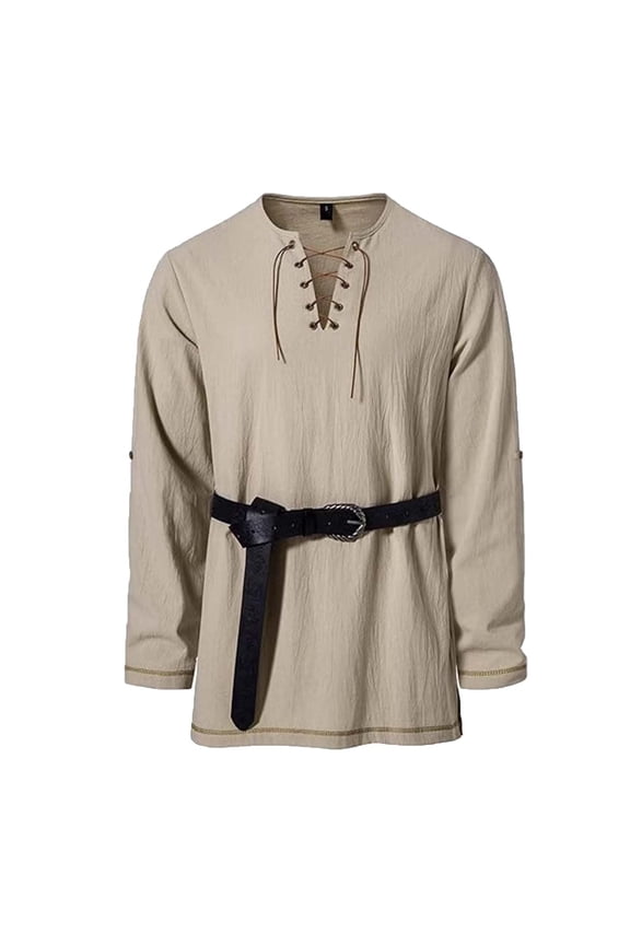Beige Man Victorian Tie Knot Renaissance Peasant Plain Steampunk Tshirts Tee Tops for Mens Long Sleeve Collared Henley Neck Lounge Fall Summer Shirts 2026 XL