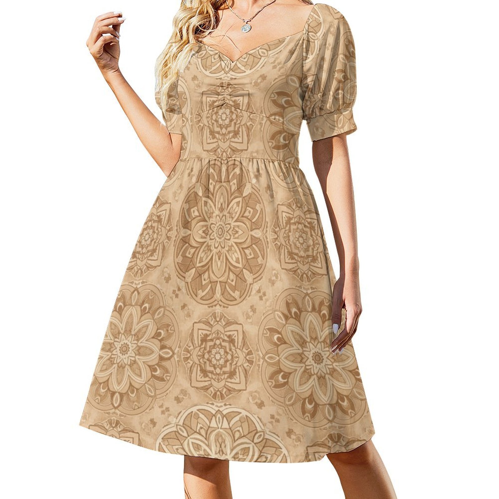 Beige Mandala Pattern Short Sleeve Dress Clothes Women's Summer Dress — free download
