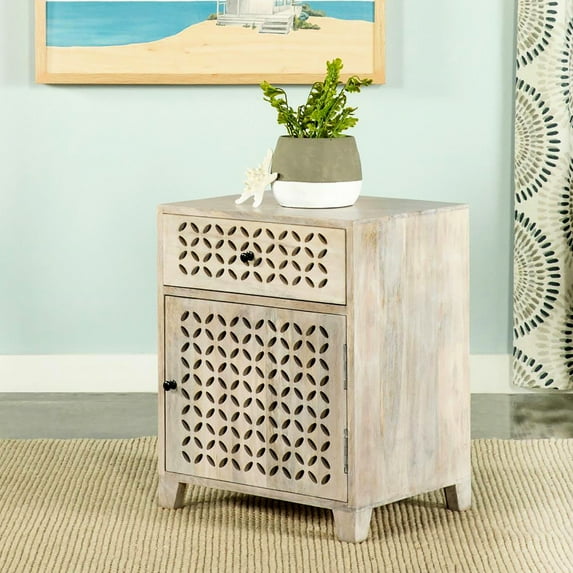 Beige Mango Wood Cabinet With Drawer And Whitewash Appeal For Home 1-door Accent Living Room Decor
