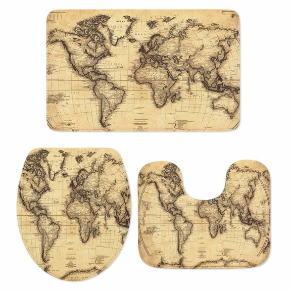 Beige Map Bath Mat 3 Piece Bathroom Rug Set, Retro Farmhouse Abstract Illustration Art Non Slip Bath Rug Contour Mat and Toilet Lid Cover, Absorbent Shower Mats Soft Bath Rugs and Mats Sets