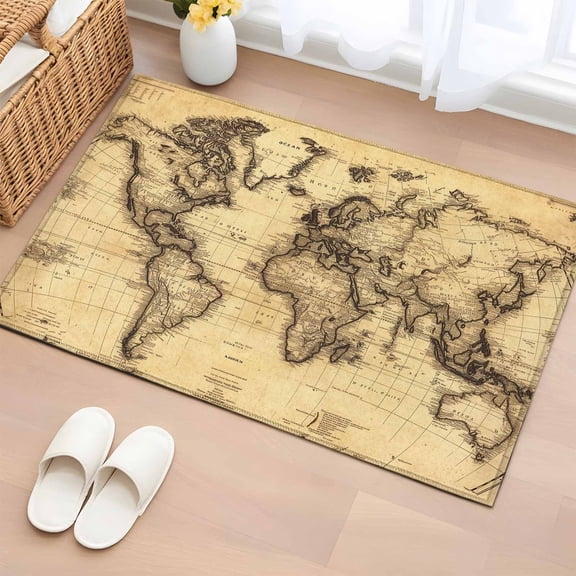 Beige Map Bathroom Mats 2x3 FT, Non Slip Small Kitchen Mat, Retro Farmhouse Abstract Illustration Art Washable Soft Backed Front Door Throw Rugs Non-Shedding Indoor Outdoor Doormat for Entryway Sink