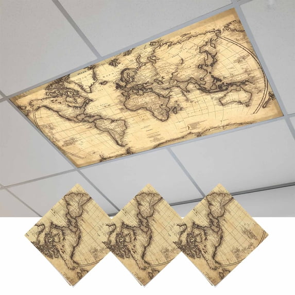 Beige Map Magnetic Fluorescent Light Covers for Ceiling Lights 2x4Ft, Retro Farmhouse Abstract Illustration Art Office Classroom Kitchen Drop Ceiling Light Covers Lighting Filters Shade Panel 3 Packs