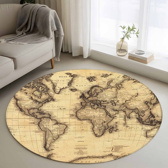 Beige Map Round Area Rug 4 FT, Non Slip Indoor Outdoor Rug, Retro Farmhouse Abstract Illustration Art Washable Soft Circular Carpet Non-Shedding Floor Mat for Coffee Table Nursery Foyer Balcony