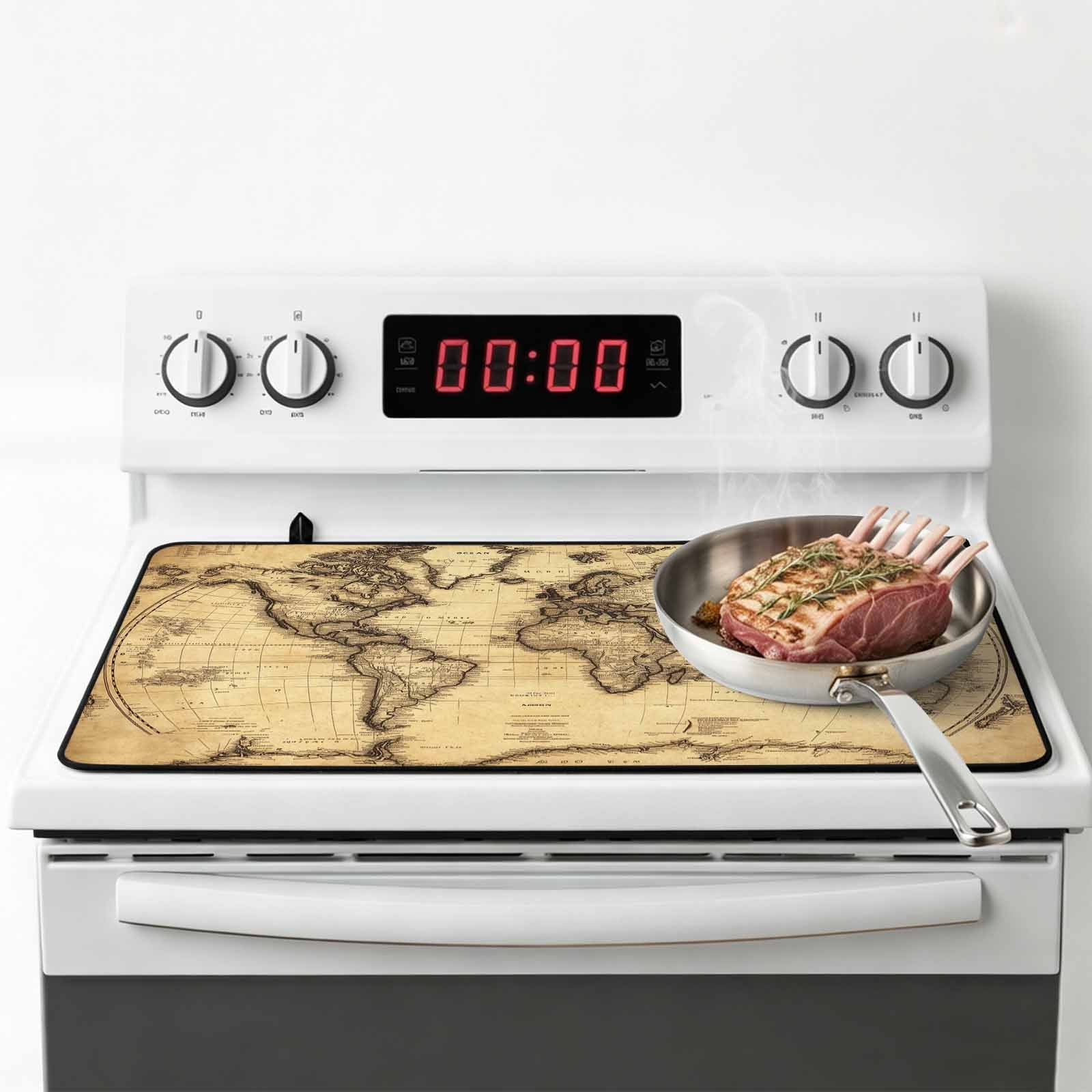 Beige Map Stove Top Cover for Electric Stove, Heat-proof & Non Slip Glass Top Stove Cover Protector, Retro Farmhouse Abstract Illustration Art Kitchen Flat Cooktop Rubber Mat 24x21 Inches