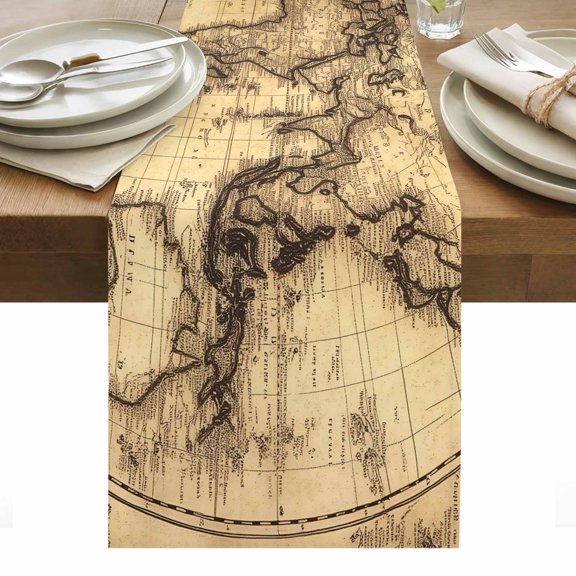 Beige Map Table Runner - 36 Inch Long, Kitchen Dining Table Runner Dresser Scarves, Retro Farmhouse Abstract Illustration Art Farmhouse Decor for Coffee Tables Wedding Party Banquet