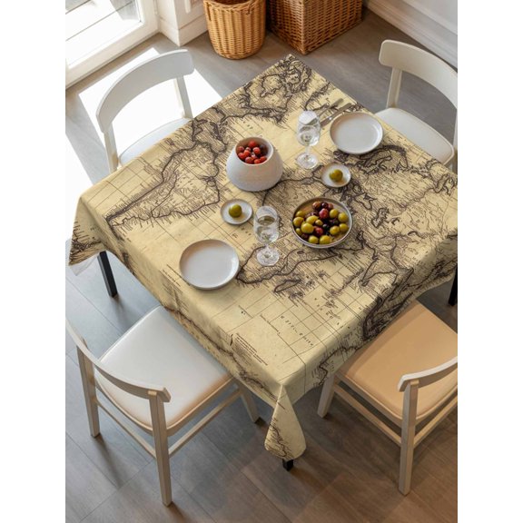 Beige Map Tablecloth Square Table Cloth 54x54,Waterproof Outdoor Table Cloth Covers Decorative Table Protector,Retro Farmhouse Abstract Illustration Art Washable Table Cover for Kitchen Dinning Party