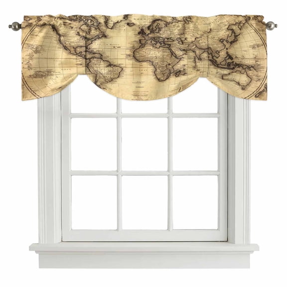 Beige Map Tie Up Valance Curtains for Windows, Kitchen Curtains Window Treatments, Retro Farmhouse Abstract Illustration Art Short Window Shades Valances for Bedroom Bathroom Cafe 42"x12"