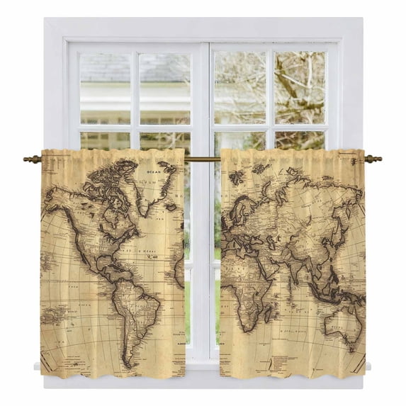 Beige Map Tier Curtains, Retro Farmhouse Abstract Illustration Art Light Filtering Kitchen Curtains, 2Pcs Rod Pocket Half Window Treatments Panels for Sink Cafe Cabinet Basement 27.5x45 Inches