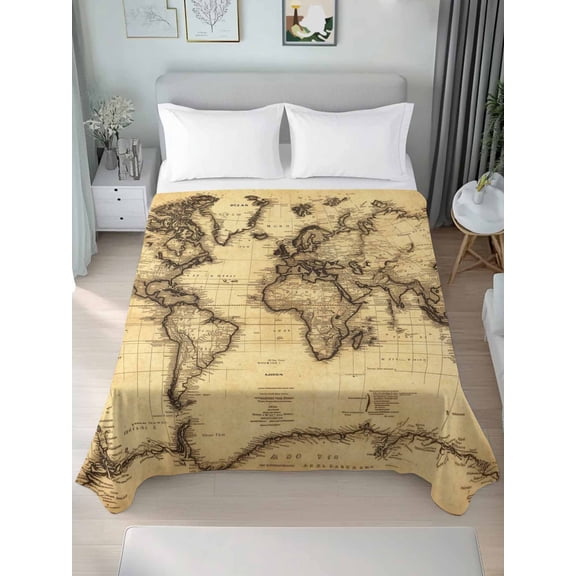 Beige Map Twim Size Flat Sheet, Wrinkleproof & Fadeproof Cooling Flat Bed Sheet Only, Retro Farmhouse Abstract Illustration Art Breathable Soft Bedding Top Sheets 66 x 96 Inches