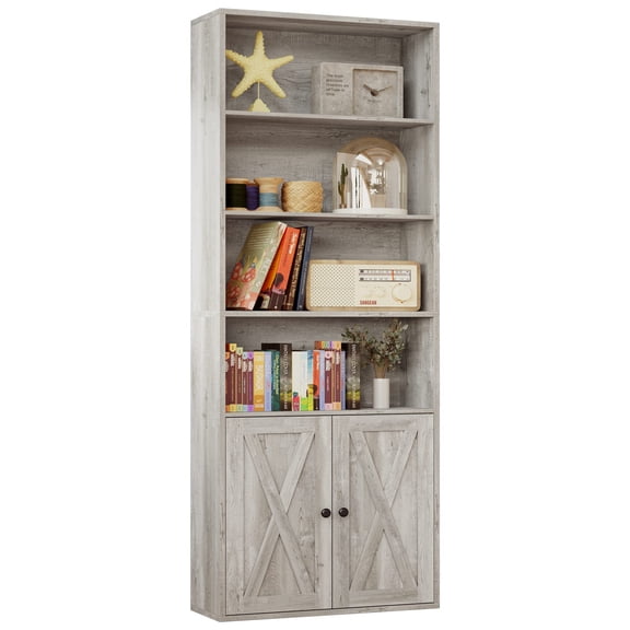 Beige Maple Farmhouse Bookcase With X-Door Cabinet, 6 Shelves, 70.9 in Tall