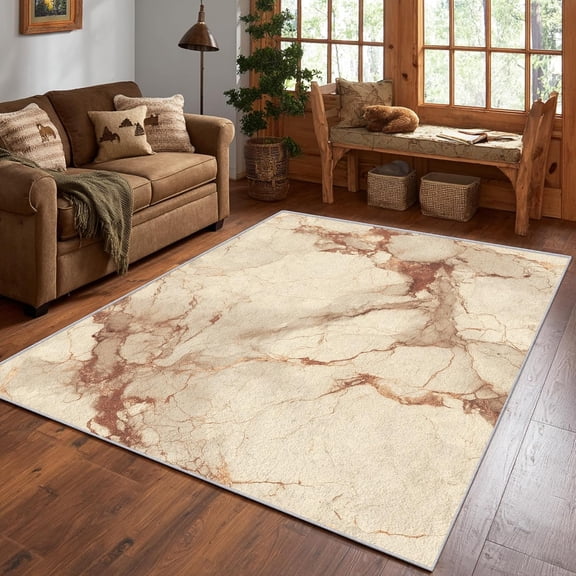 Beige Marble Abstract Area Rug, Vintage Stone Pattern Carpet, Washable Non Slip Low Pile Soft Thin, Living Room Bedroom Home Decor Mat 5x8ft