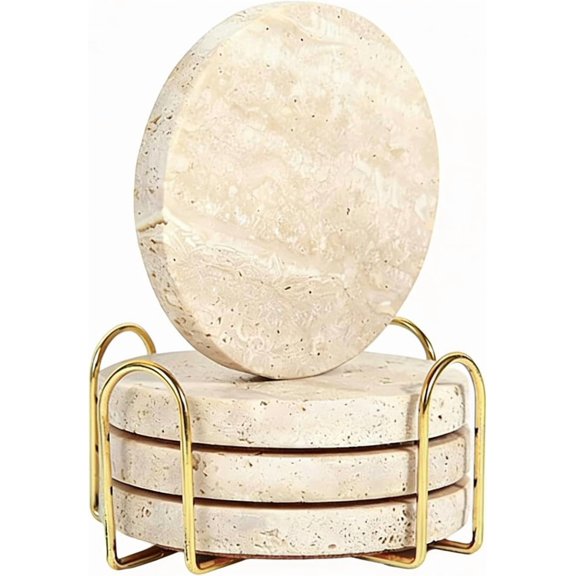 Beige Marble Coasters Set of 4, Travertine Coasters with Holder