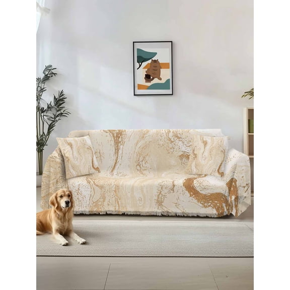 Beige Marble Couch Cover, Chic Neutral Minimalist Fluid Aesthetic Sofa Cover Blanket for 2 Seat Cushion,Sectional Sofa Slipcover Furniture Protector for Living Room Bedroom 71''x102''