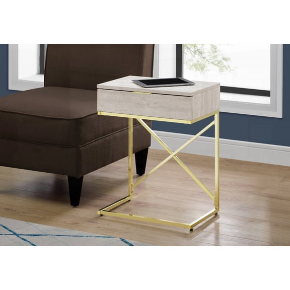 Beige Marble Look Accent Table, Gold Metal, Spacious Rectangular Top & Storage Drawer, Ideal for Living Room & Bedroom