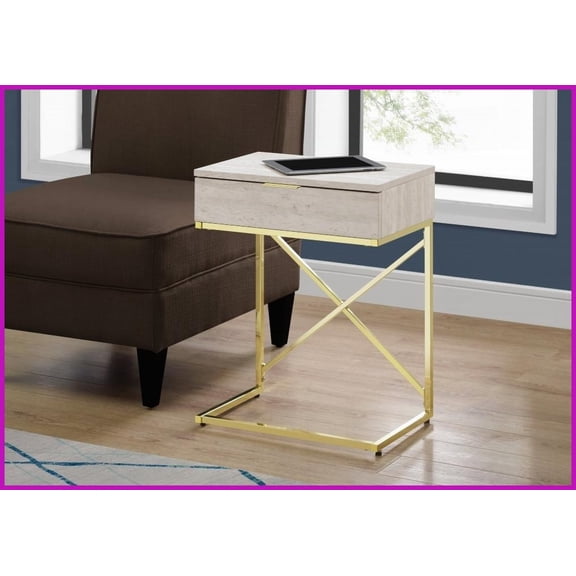 Beige Marble-Look Coffee Table with Gold Metal Frame - Spacious Top & Storage Drawer for Living Room/Bedroom