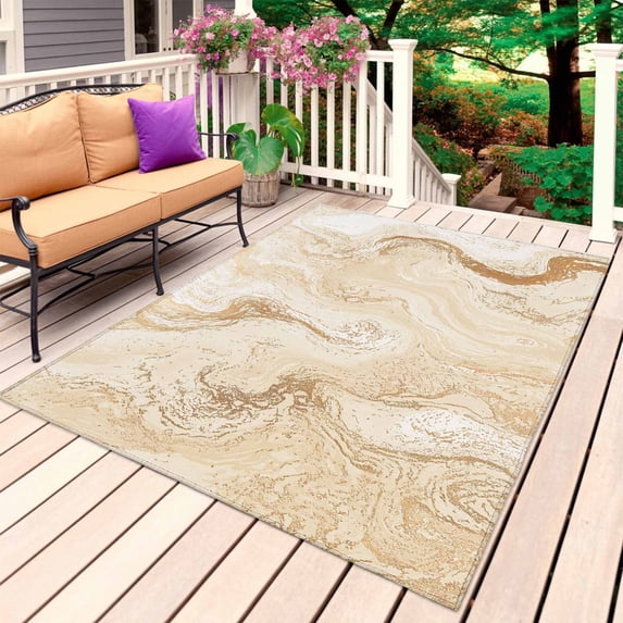 Beige Marble Outdoor Rug 5x7 Ft, Non Slip Washable Area Rug, Chic Neutral Minimalist Fluid Aesthetic Patio Rugs Carpet Runner, Large Floor Mat for Indoor/Outdoor Deck Porch Camping