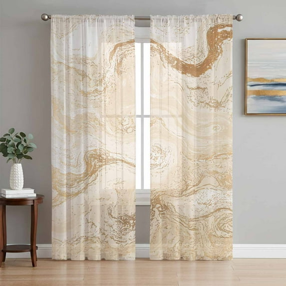 Beige Marble Semi Sheer Curtains 72 Inch Length 2 Panels Set, Chic Neutral Minimalist Fluid Aesthetic Sheer Kitchen Curtain Privacy Voile Window Curtain for Living Room Bedroom Rod Pocket Drapes