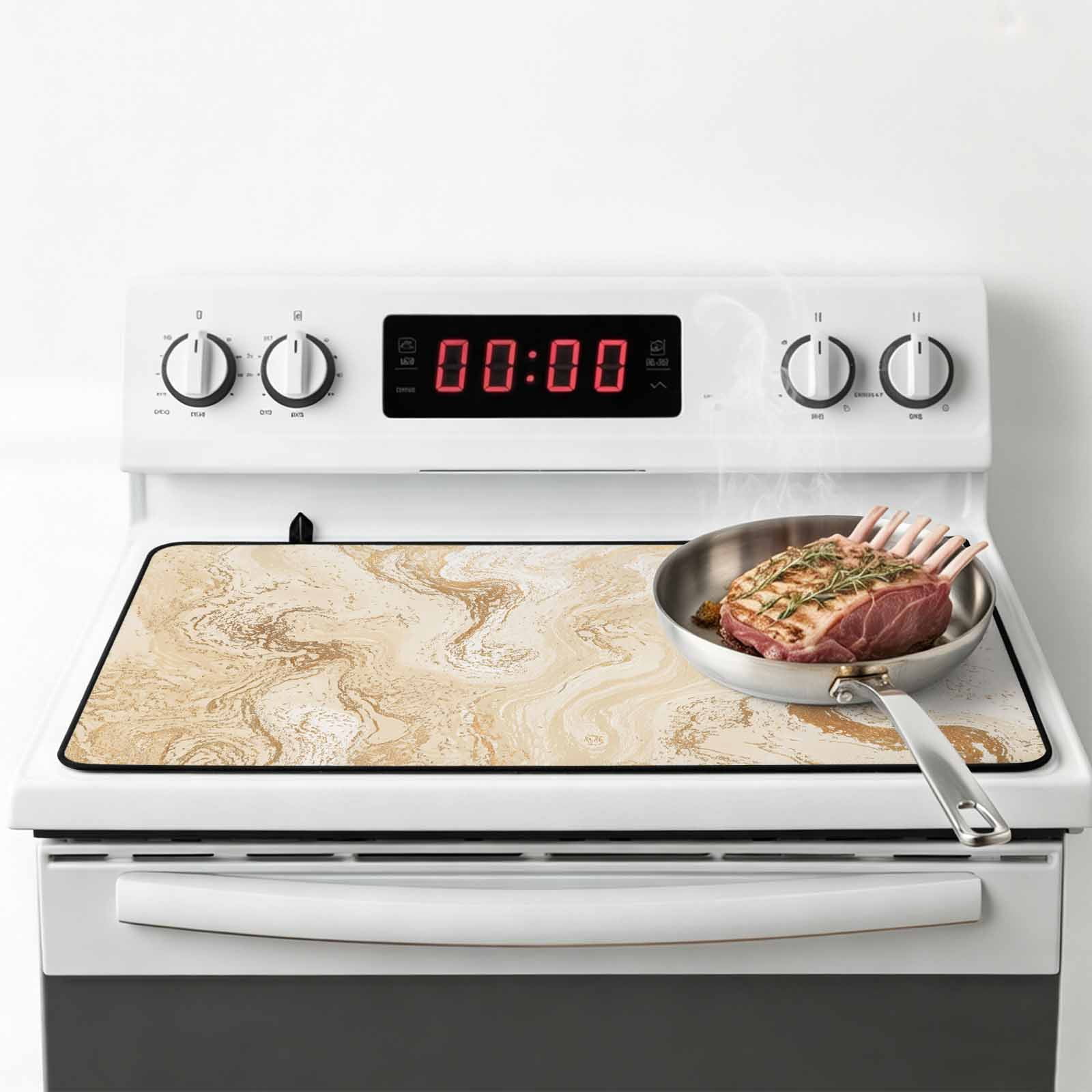 Beige Marble Stove Top Cover for Electric Stove, Heat-proof & Non Slip Glass Top Stove Cover Protector, Chic Neutral Minimalist Fluid Aesthetic Kitchen Flat Cooktop Rubber Mat 24x21 Inches