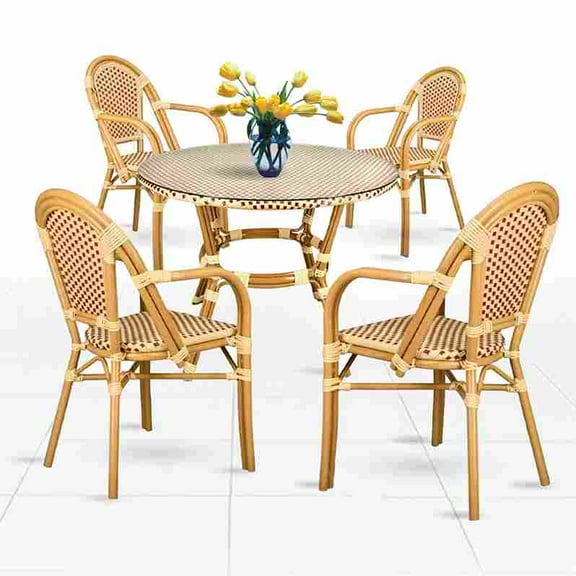 Beige and Maroon French Bistro Set Includes 40" Table and 4 Chairs with Arms by Chivari
