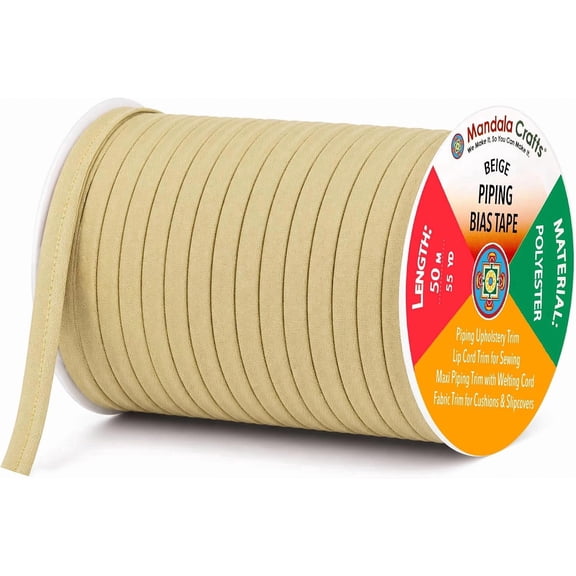 Beige Maxi Piping Bias Tape with Welting Cord for Sewing | Washable, Inch, 55 Yards, Lip Trim, for Upholstery, Hemming, Pillows, Cushions, Slipcovers, Outdoor Furniture