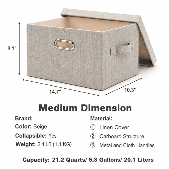 Beige Medium -1 Pack Fabric Closet Storage Boxes, Collapsible Stackable Lidded Baskets