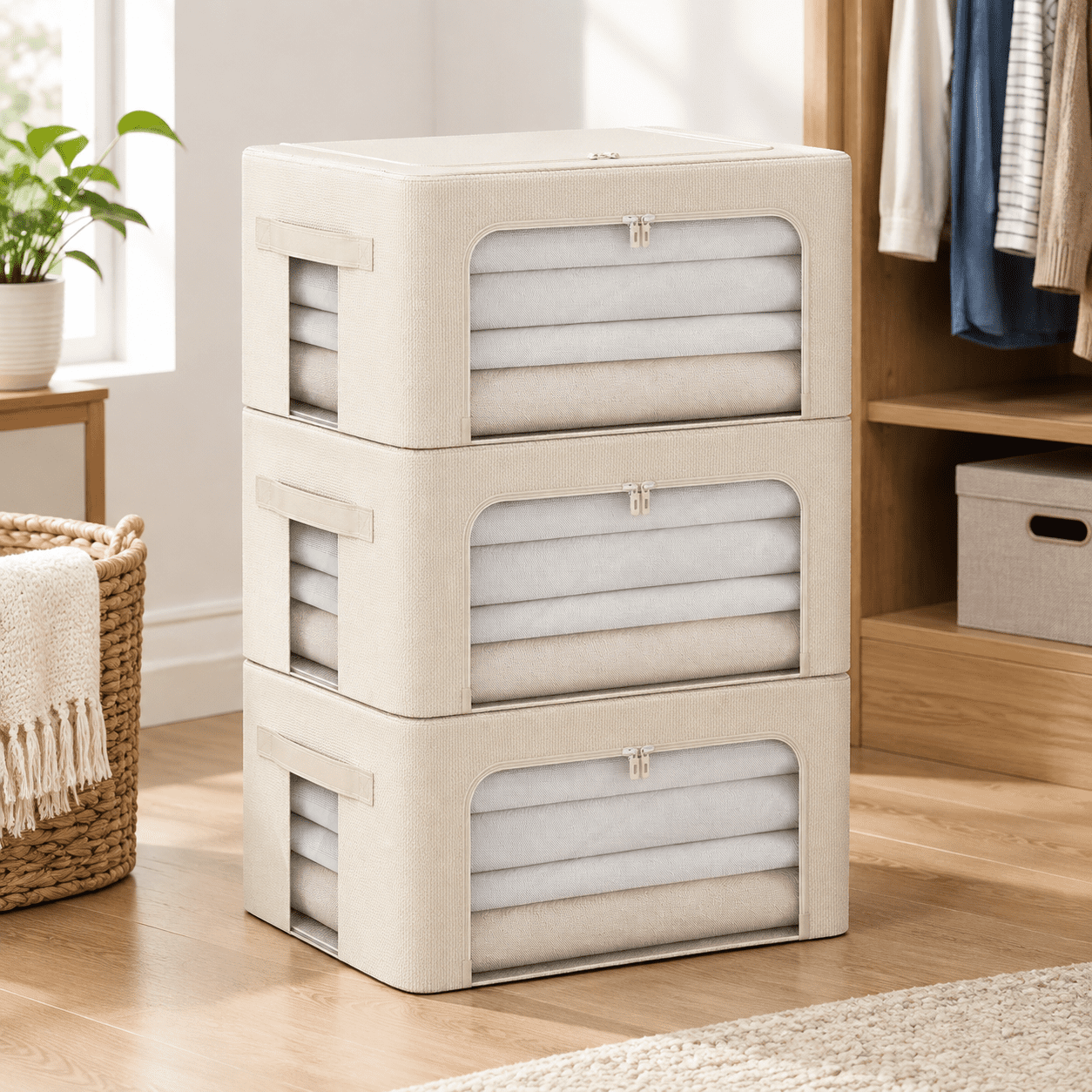 Stackable Paper Storage Containers Beige Medium-44L 3-Pack Oxford Fabric Foldable Stackable Storage ...