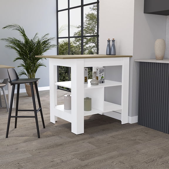 Beige Medium Kitchen Island With A And Strong Top, 3 Shelves For Storage Space Modern Appeal, Wide Low Shelves, Easy To Clean, 39.8 In W X 35.86 H
