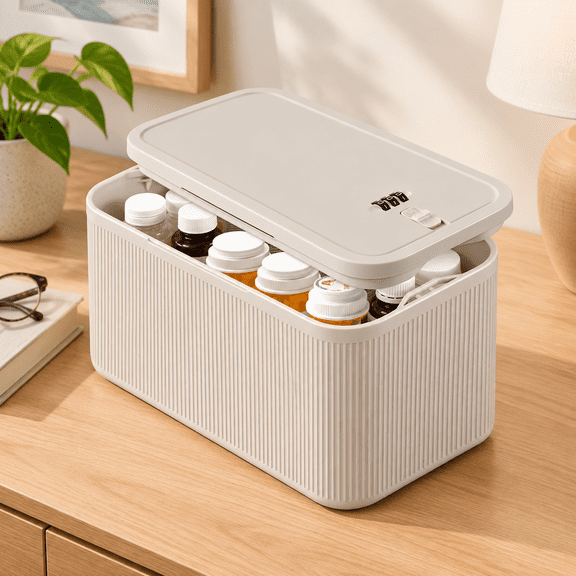 Beige Medium Lock Box With Code Taller Size Small Combination For Medication Snacks Ipad Mini Home Office
