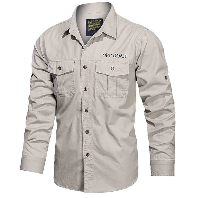 Beige Men'S Dress Shirts Male Autumn Winter Soild Color Cotton Single Double Pocket Long Sleeve Washed Military Outdoor Shirt