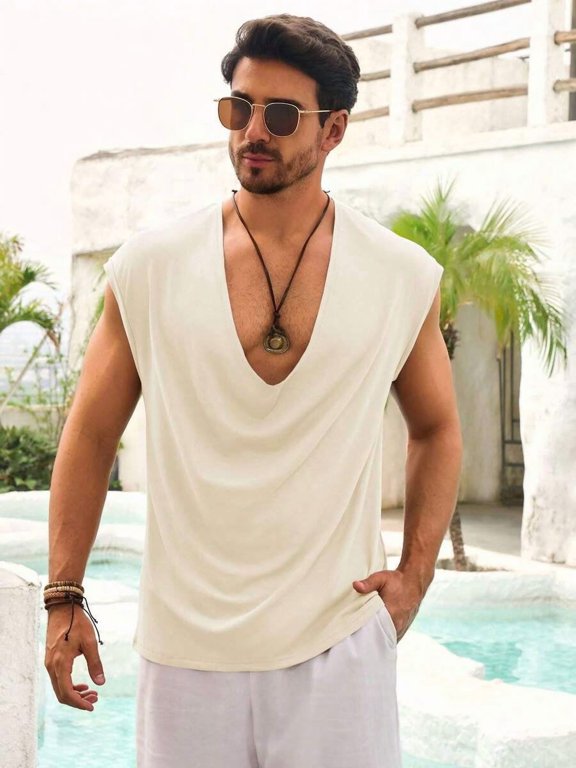 Beige Mens Sleeveless Tank Top Deep V-Neck Loose Casual Summer Beach Basic Top