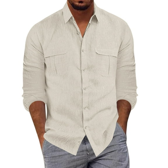 Beige Mens T-Shirts Mens Fashion Casual Button Lapel Cotton Solid Color Pocket Long Sleeve Shirt Top Mens Work Shirts
