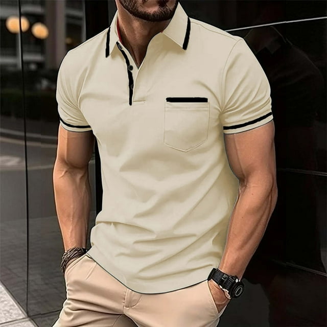 Beige Mens Workout Shirts Casual Short Sleeved Buttons Lapel Solid ...
