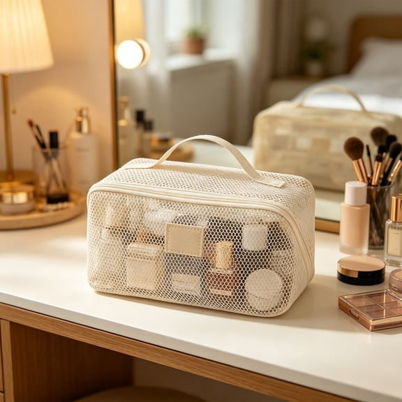 Beige Mesh Bag for Makeup Brushes, Cosmetic Organizer for Vanity – Breathable Storage Pouch for Wet Brushes, Multi Use for Home
