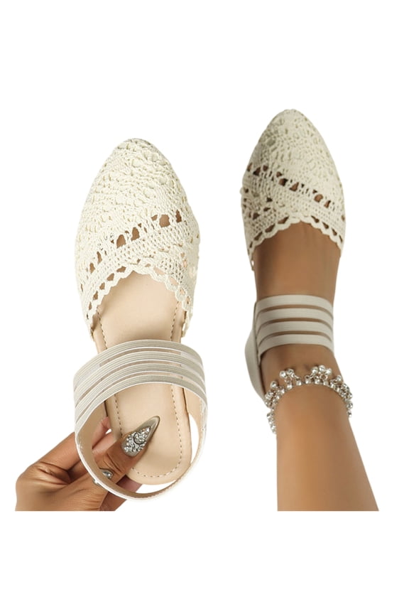 Beige Mesh Mules for Women Comfy Raffia Woven Strap Closed Pointed Toe Mule Flats Casual Slip on Dress Slides Flats 38