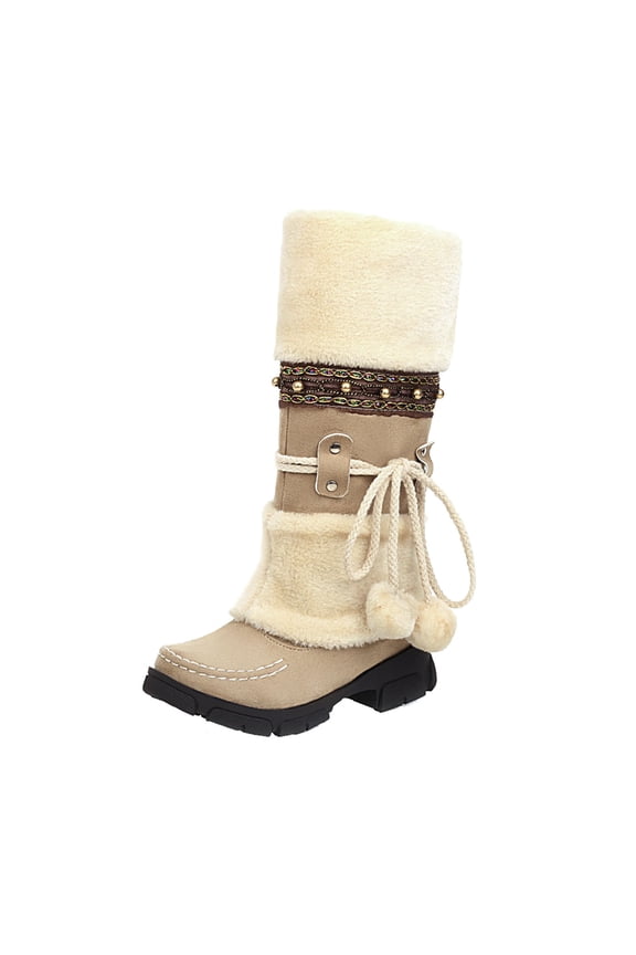 Beige Mid Calf Snow Boots For Women With Flat Heel Furry Lining Warm And Comfortable For Winter Outdoor Activities