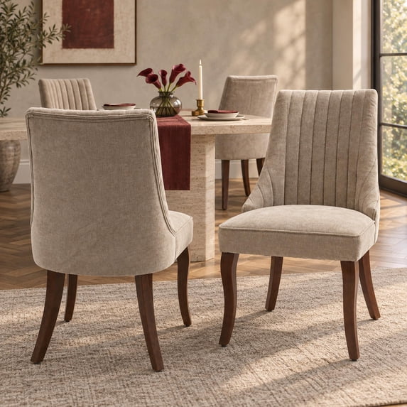 Beige Mid Century Dining Chairs Set of 4, Modern Kitchen & Dining Room Chairs Set of 4, Fabric Upholstered Kitchen Chairs for Dining Table, Sillas de Comedor, Wood Legs (Beige, 4 Pcs)