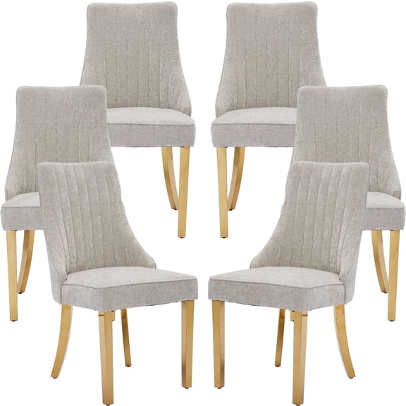 Beige Mid Century Dining Chairs Set of 6, Modern Kitchen & Dining Room Chairs Set of 6, Chenille Fabric Upholstered Kitchen Chairs for Dining Table, Sillas de Comedor, Gold Legs (Beige, 6 Pcs)