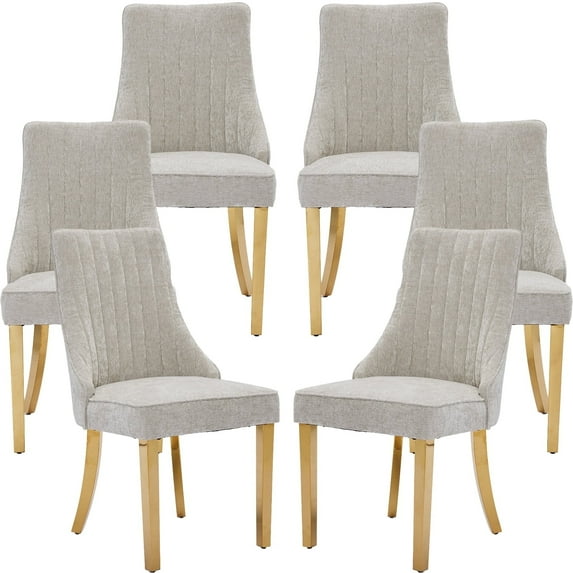 Beige Mid Century Dining Chairs Set of 6, Modern Kitchen & Dining Room Chairs Set of 6, Chenille Fabric Upholstered Kitchen Chairs for Dining Table, Sillas de Comedor, Gold Legs (Beige, 6 Pcs)