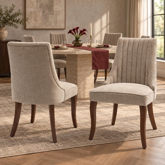 Beige Mid Century Dining Chairs Set of 6, Modern Kitchen & Dining Room Chairs Set of 6, Fabric Upholstered Kitchen Chairs for Dining Table, Sillas de Comedor, Wood Legs (Beige, 6 Pcs)