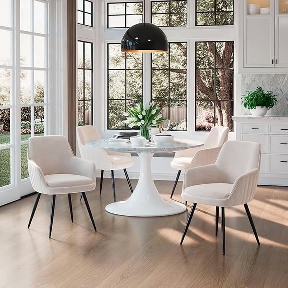 Beige Mid-Century Modern Upholstered Accent Chairs (Set of 2) - Plush Polyester Velvet, Channel Tufted Back, Curved Arms, Black Metal Legs - Stylish Living Room/Bedroom Furniture