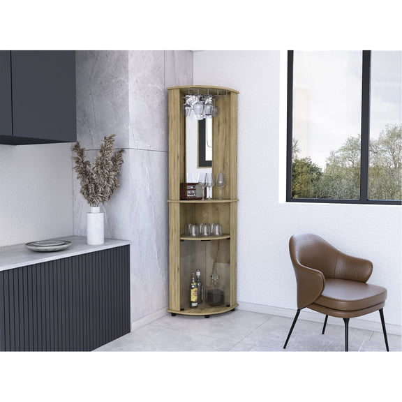 Beige Mirrored Corner Bar Cabinet, 75" H - Modern With Double Glass Doors & Whiskey Storage 73.03" With Red