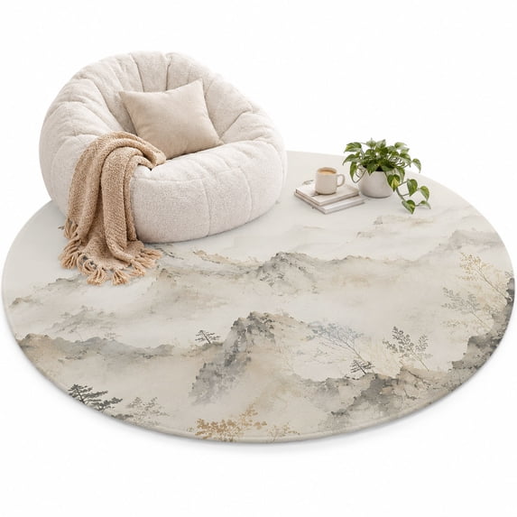 Beige Misty Mountains Area Rug 5', Zen Flying Birds Peaks Trees Soft ...
