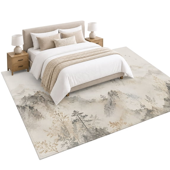 Beige Misty Mountains Area Rug 5'x7', Zen Flying Birds Peaks Trees Soft ...