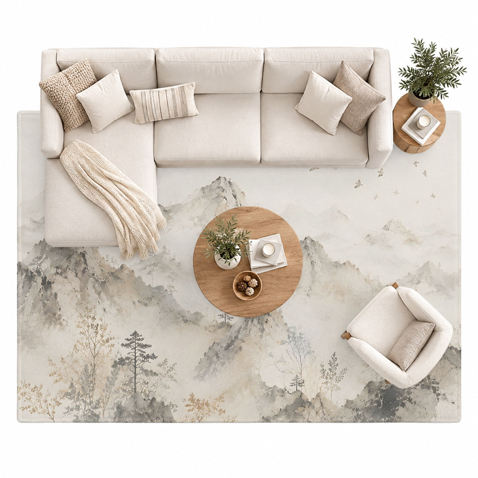 Beige Misty Mountains Area Rug 8'x10', Zen Flying Birds Peaks Trees ...