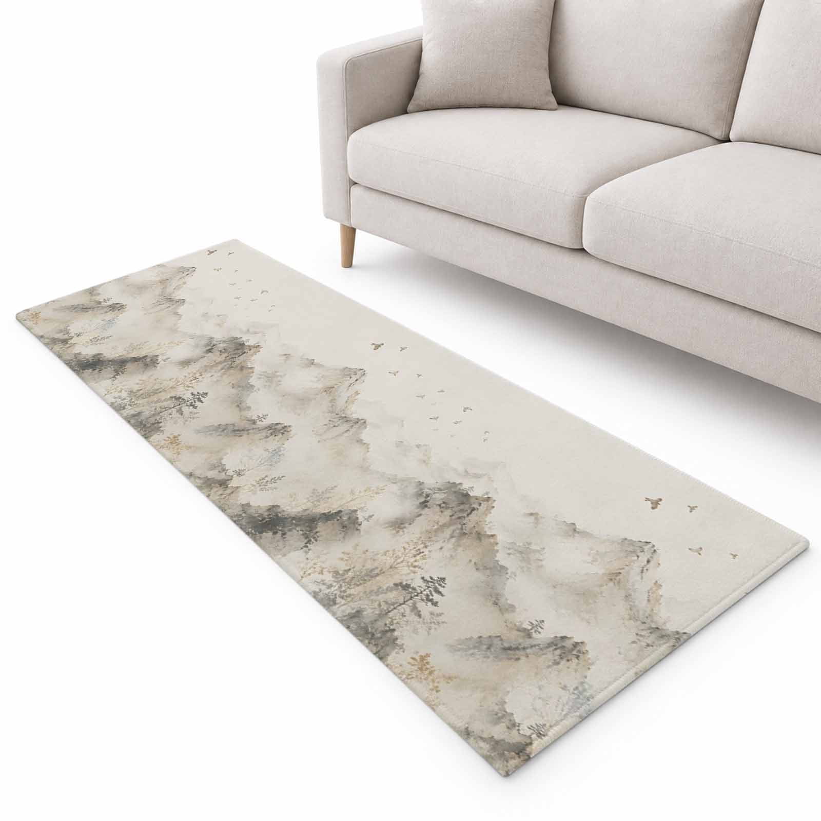 Beige Misty Mountains Runner Rug 2.6'x10', Zen Flying Birds Peaks Trees ...