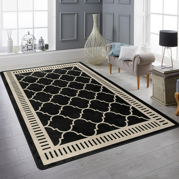 Beige Modern Area Rug For Living Room, Black&Beige Modern Geometric Carpet Rug, ForBedroom Living Room Home Decor 1x2ft