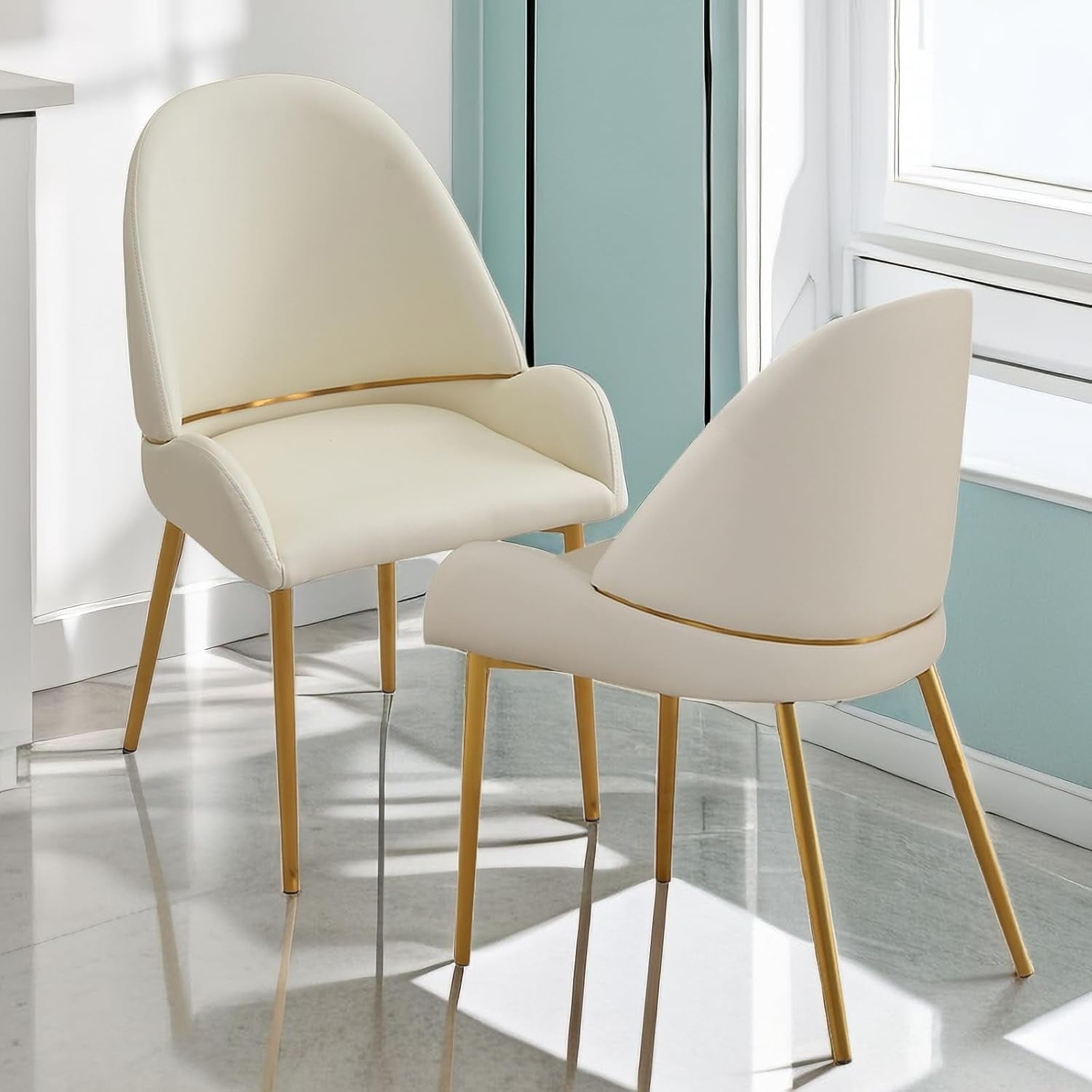 Montary Contemporary Dining Chairs Set of 2 - Waterproof PU Leather Seats, Beige Metal Legs for Kitchen/Office
