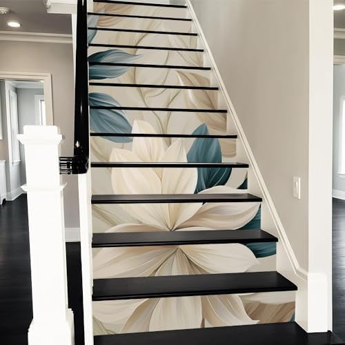 Beige Modern Flower Peel and Stick Vinyl Stair Riser Decals Staircase Tile Stair Stickers Abstract Boho Art Modern Decoration Self-Adhesive Home Decor Stair Decals (14Pcs)$$Tools