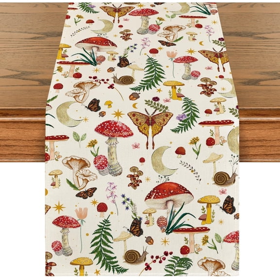 Beige Modern Mushroom Table Runner, Seasonal Botanic Farmhouse Kitchen Dining Table Decoration for Home Party Decor 13x72 Inch
