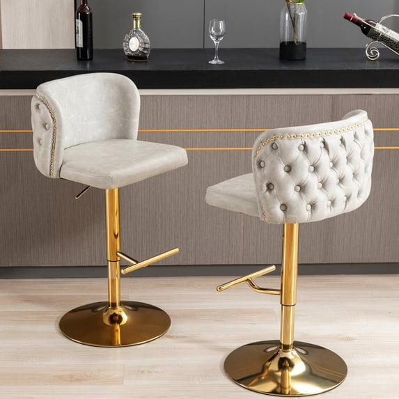Beige Modern Swivel With Adjustable Seat, Pu Upholstered Back For Home And Kitchen (2 Stools Bar Seat Height, Tufting Living Room